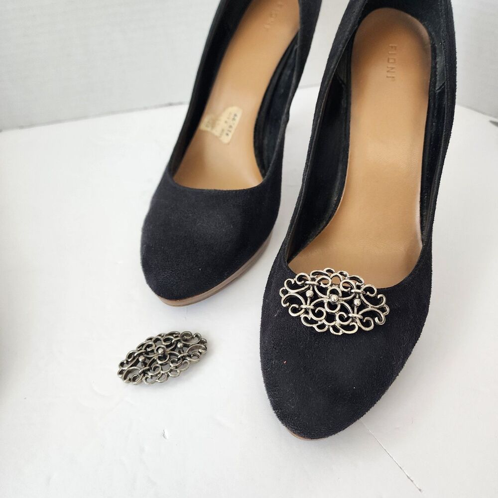 Vintage Shoe Clips Silver Tone Metal Oval Filigree Scroll Work Unbranded Estate